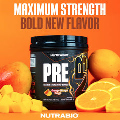 NutraBio Preworkout Orange Mango scoop—convenient pre-workout energy before training