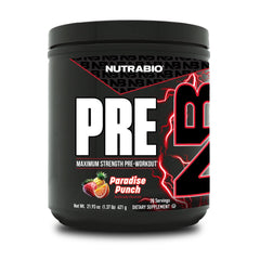 NutraBio Paradise Punch preworkout scoop for explosive energy and focus.