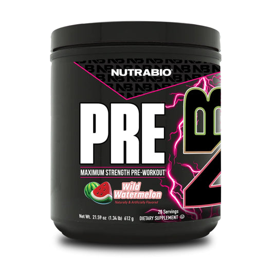 NutraBio Preworkout Watermelon tub label highlights a clean, transparent formula for elite training.