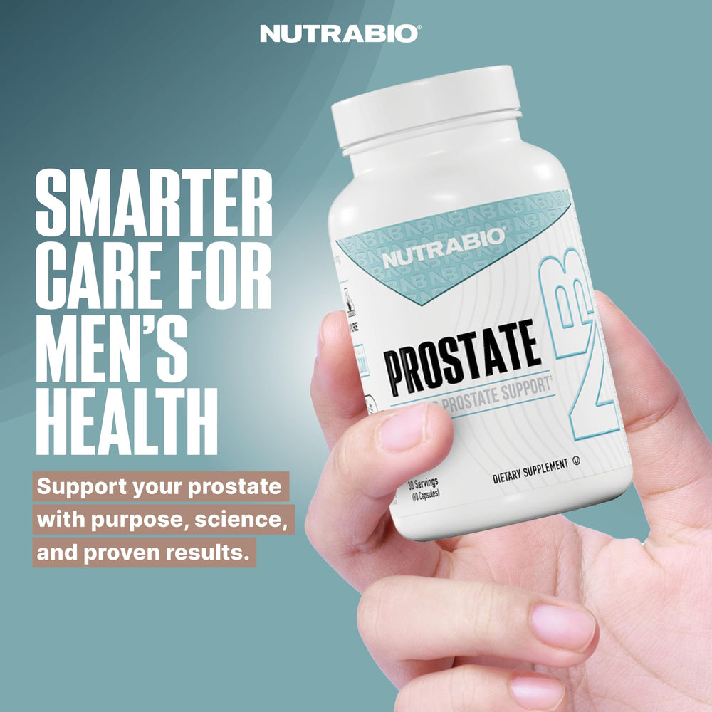 NutraBio Prostate capsules close-up, small and easy-to-swallow.