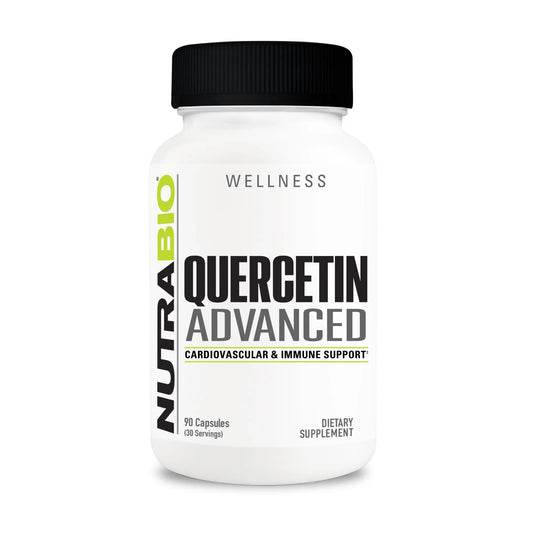 NutraBio Quercetin Advanced bottle label highlights the antioxidant blend for daily support.