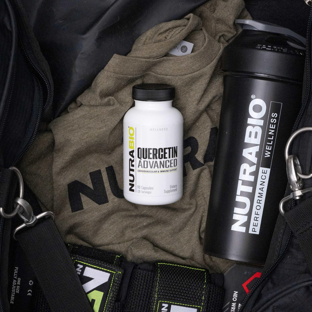 NutraBio Quercetin Advanced bottle pour suggests easy one-capsule routine.