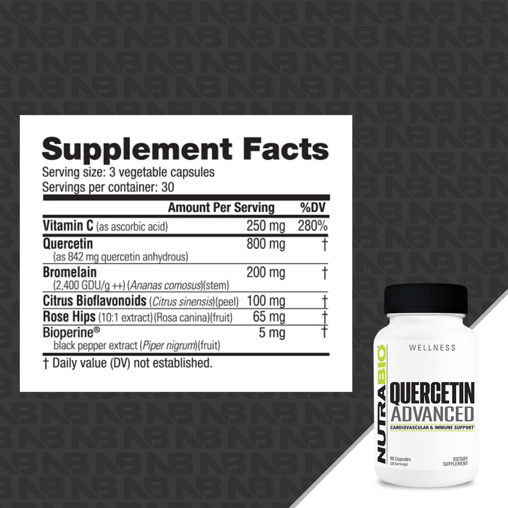 NutraBio Quercetin Advanced capsules close-up ready for daily wellness.
