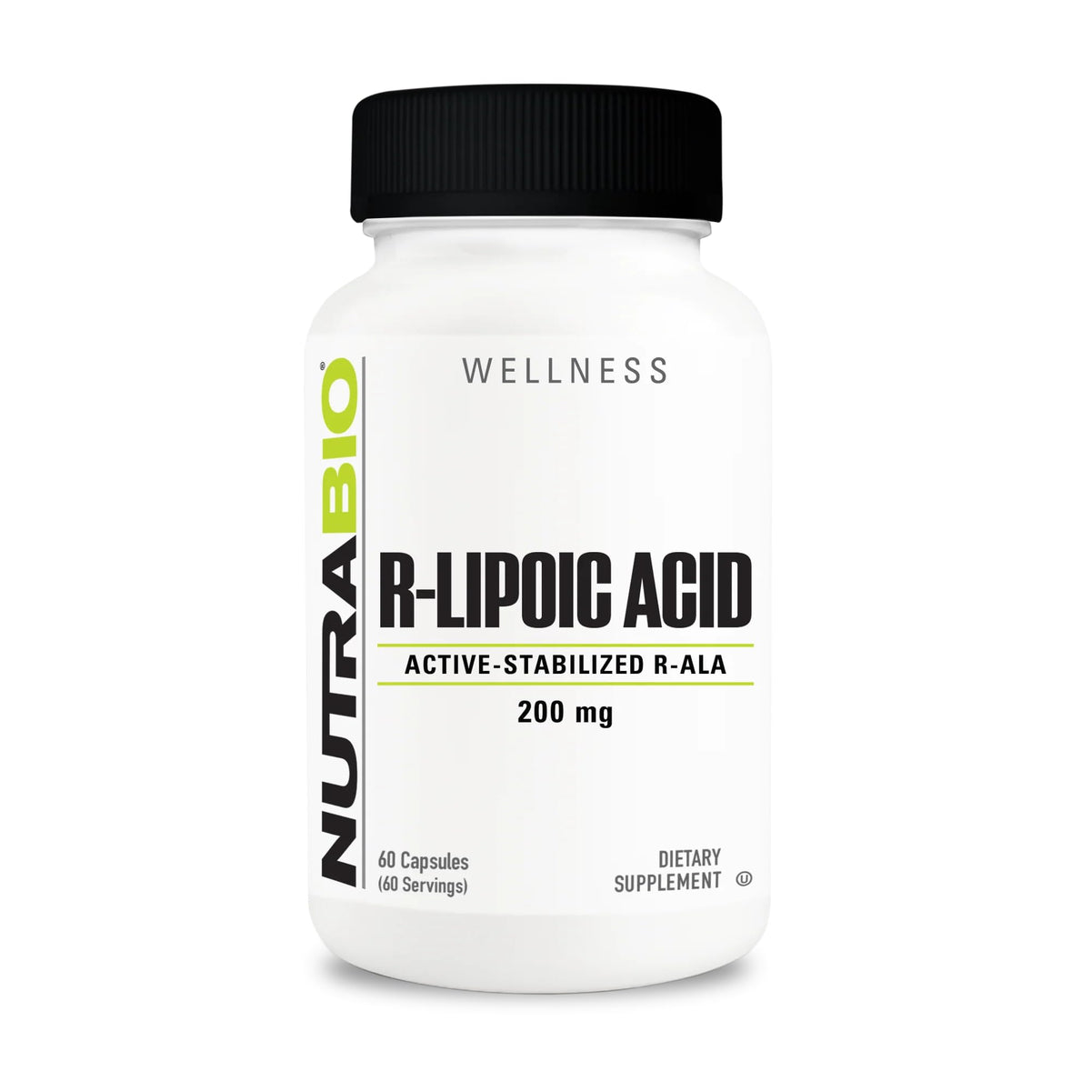 NutraBio R-Lipoic Acid bottle with 60 capsules for daily antioxidant support.