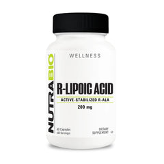 NutraBio R-Lipoic Acid bottle with 60 capsules for daily antioxidant support.