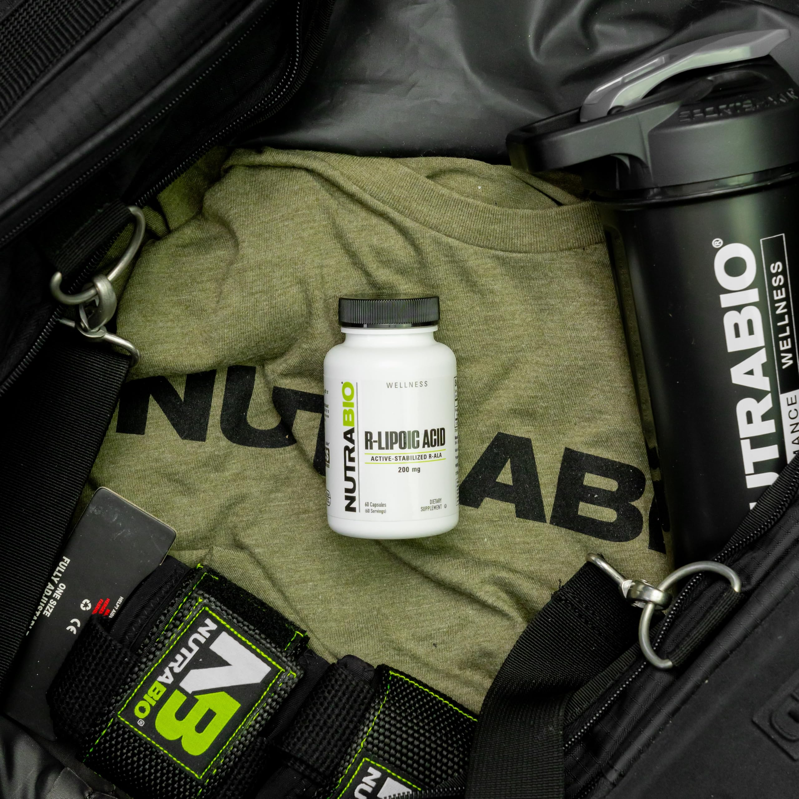 NutraBio R-Lipoic Acid bottle label shows transparent ingredients and testing.