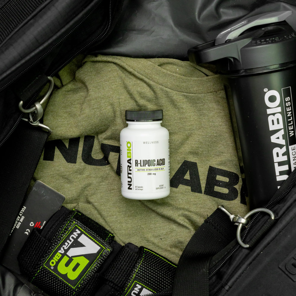 NutraBio R-Lipoic Acid bottle label shows transparent ingredients and testing.