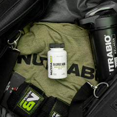 NutraBio R-Lipoic Acid bottle label shows transparent ingredients and testing.
