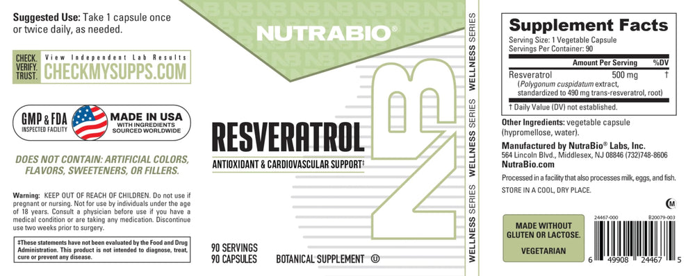 NutraBio Resveratrol ingredient panel illustrating pure trans-resveratrol