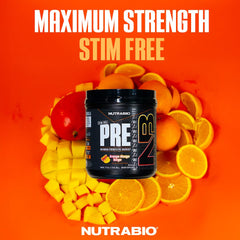 NutraBio STIM-Free PRE Orange Mango scoop beside powder suggests quick, clean energy and focus.