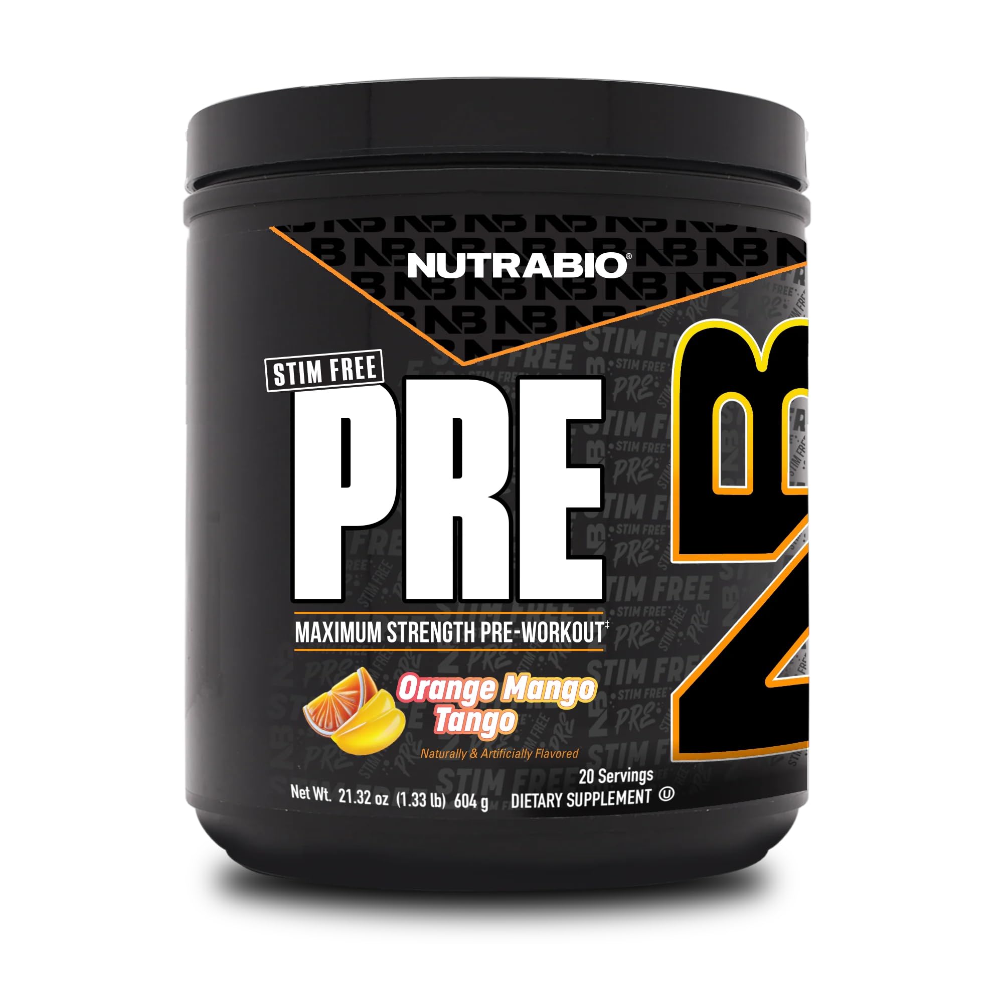 NutraBio STIM-Free PRE Orange Mango tub highlights a premium pre-workout formula for focus and pumps.