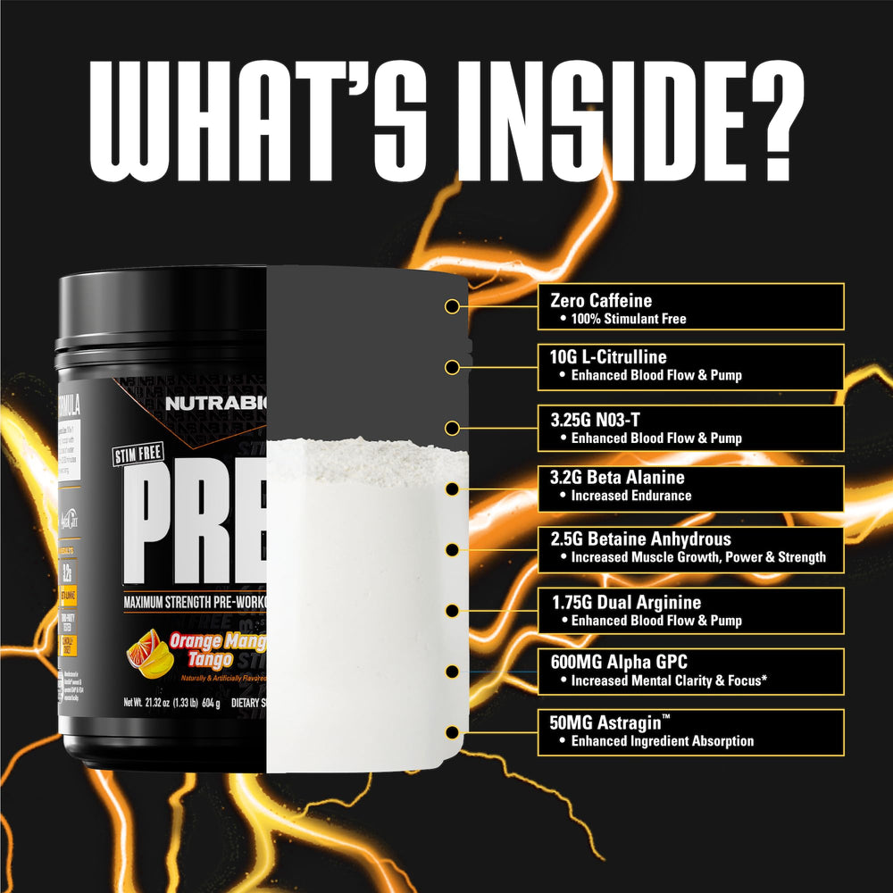 NutraBio STIM-Free PRE pouring powder into a glass to visualize mixability.