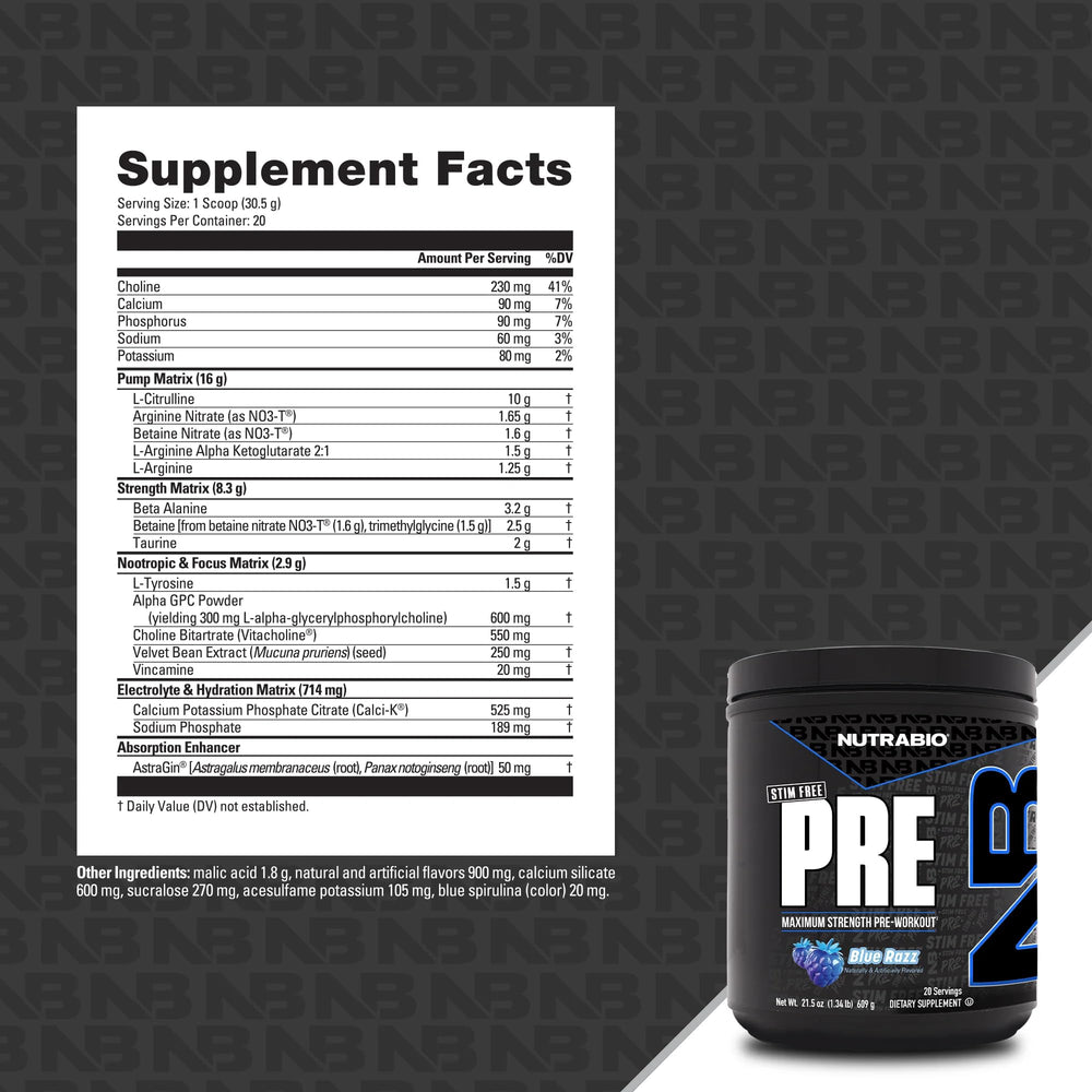 NutraBio Stim-Free Pre-Workout Blue Raz beta-alanine for better fatigue management.