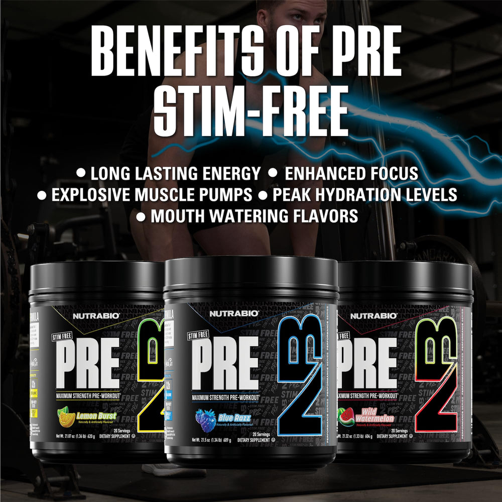 NutraBio Stim-Free Pre-Workout Blue Raz 10g citrulline boosts nitric oxide levels.