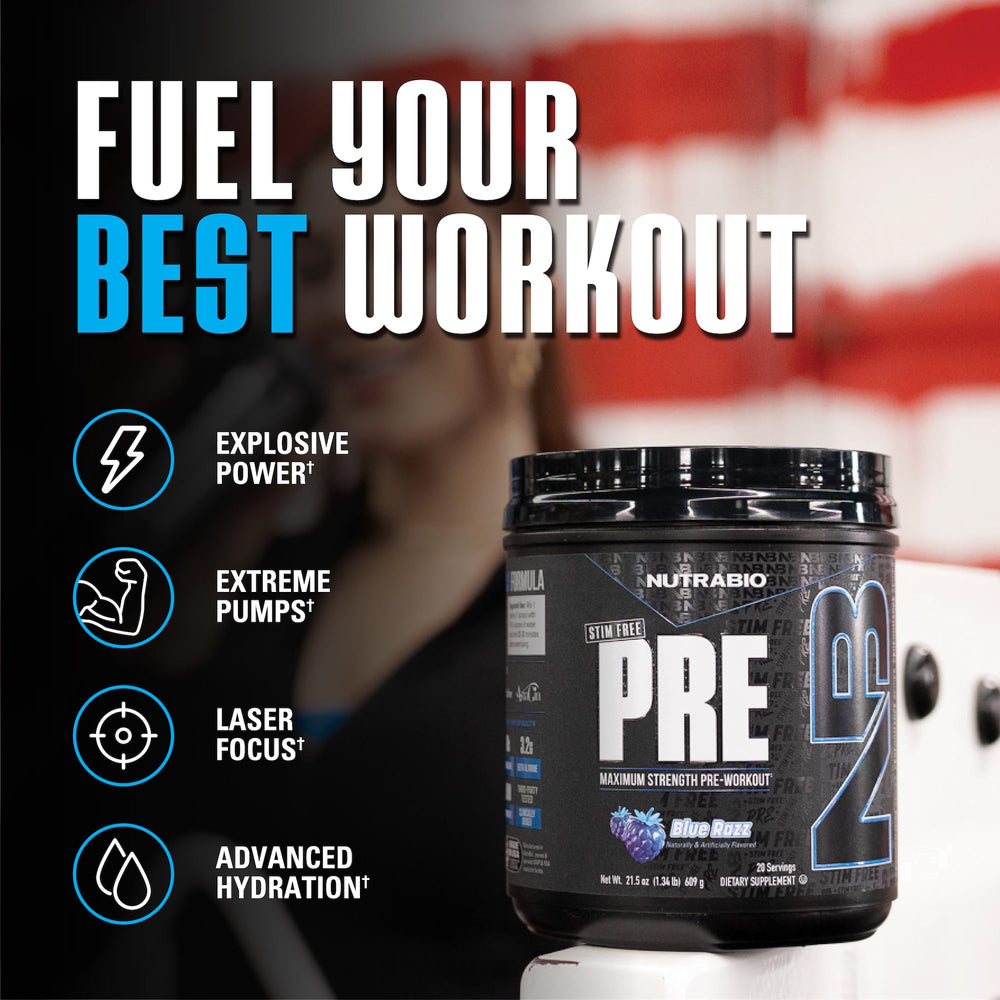 NutraBio Stim-Free Pre-Workout Blue Raz extreme pumps promote vascular fullness during training.