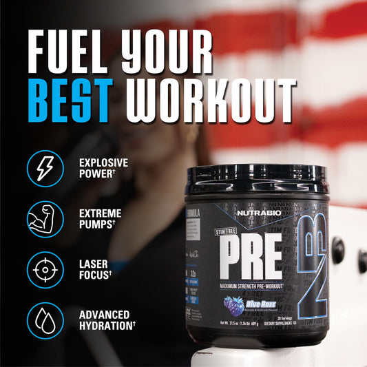 NutraBio Stim-Free Pre-Workout Blue Raz extreme pumps promote vascular fullness during training.