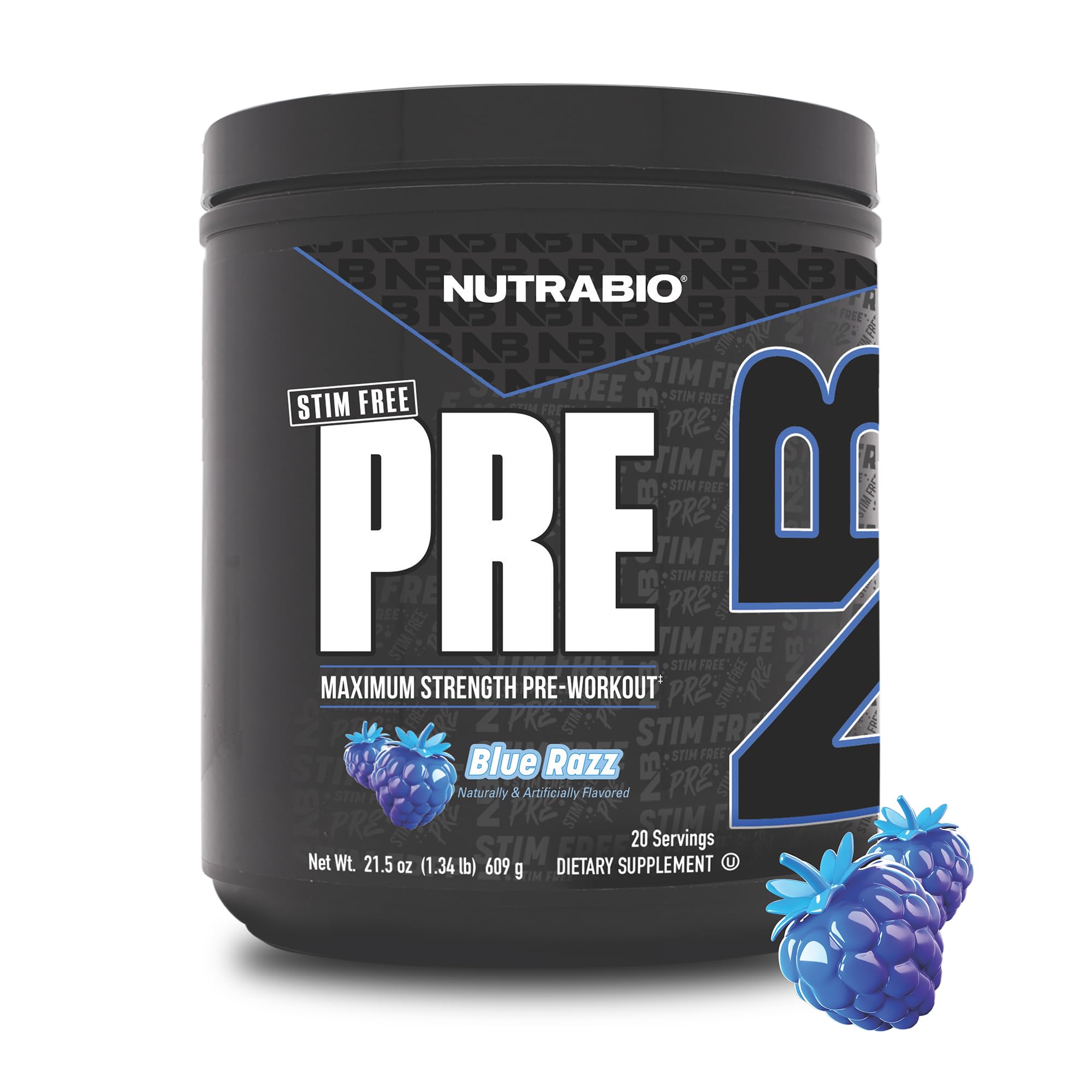 NutraBio Stim-Free Pre-Workout Blue Raz laser focus enhances concentration during workouts.