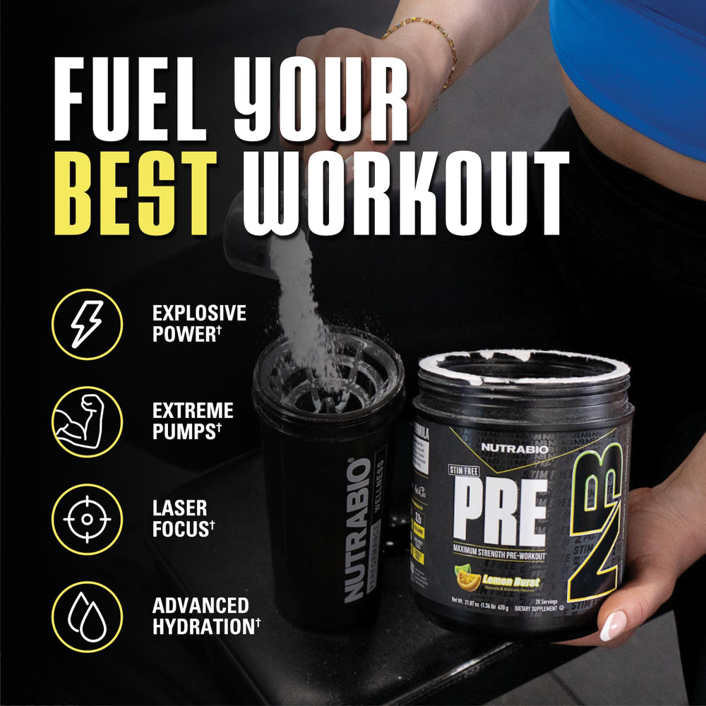 NutraBio STIM-Free PRE bottle with scoop demonstrates easy dosing and mixability