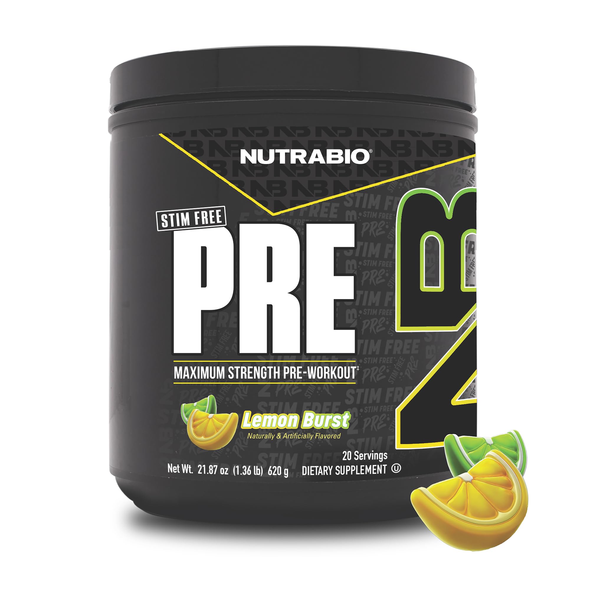 NutraBio STIM-Free PRE Lemon Burst tub front showing 20 servings for daily energy