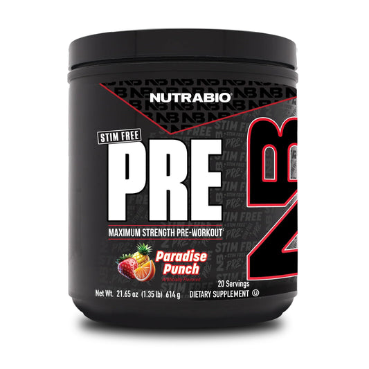 NutraBio STIM-Free PRE Workout Paradise Punch bottle-front boosts clean focus and pumps