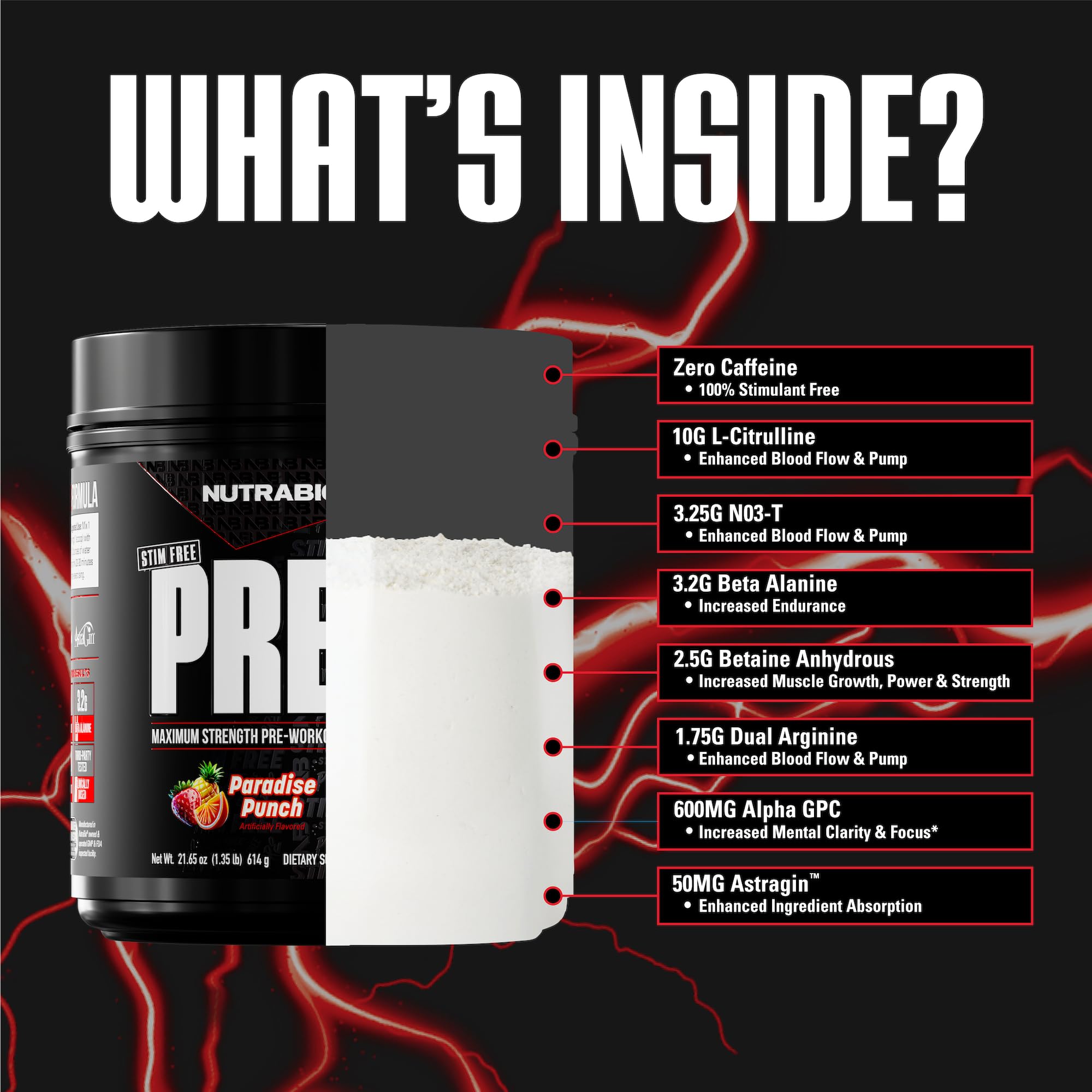 NutraBio STIM-Free PRE Workout Paradise Punch label-closeup highlights transparent ingredients