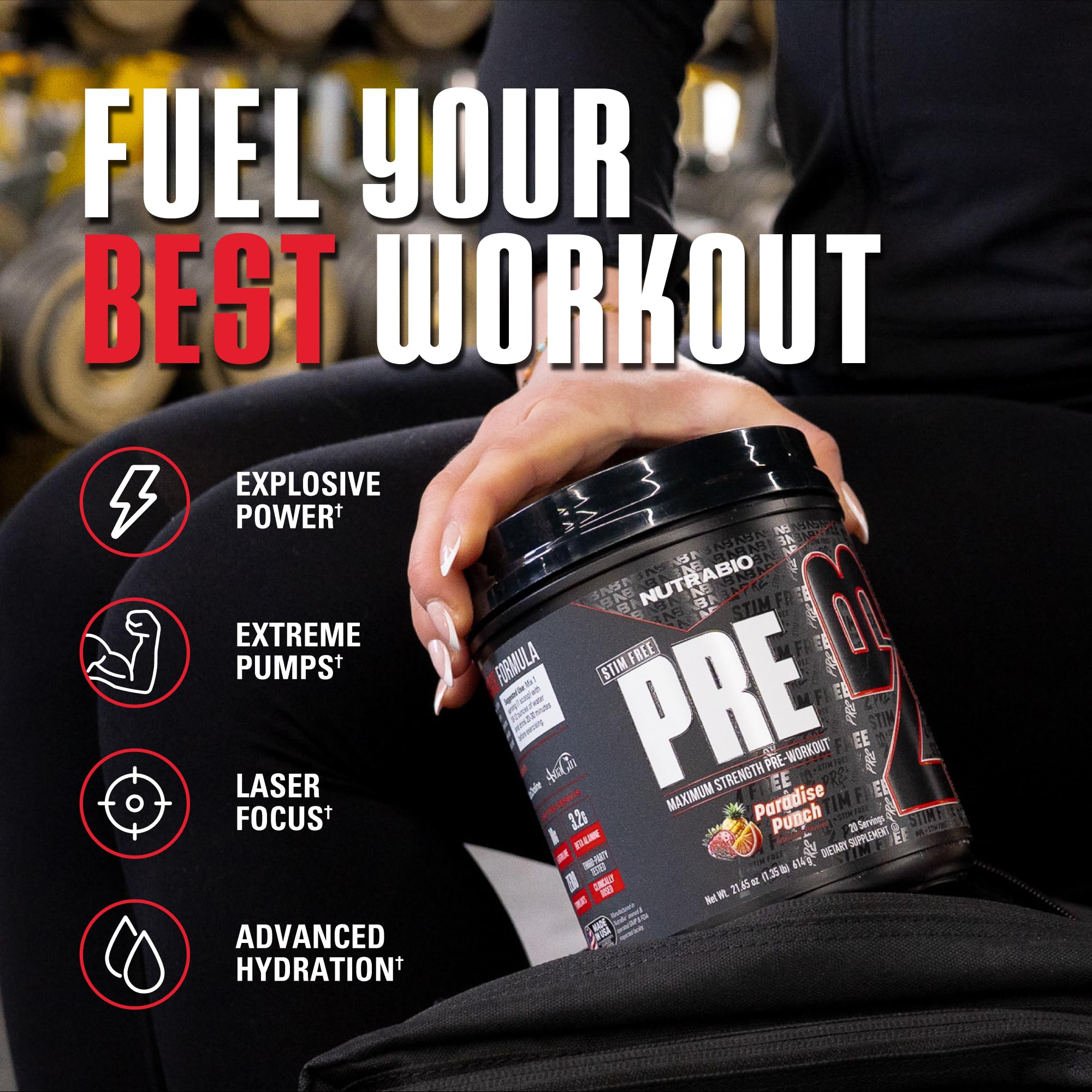 NutraBio PRE Paradise Punch powder-scoop demonstrates easy mixing for workouts