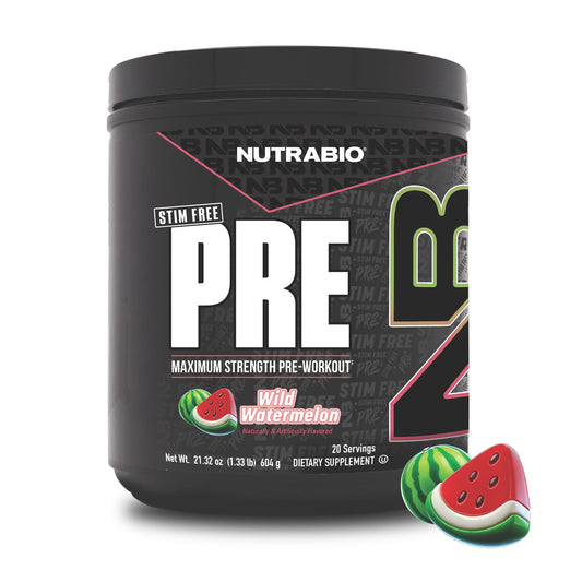 NutraBio STIM-Free PRE Workout watermelon bottle ready for focus and hydration