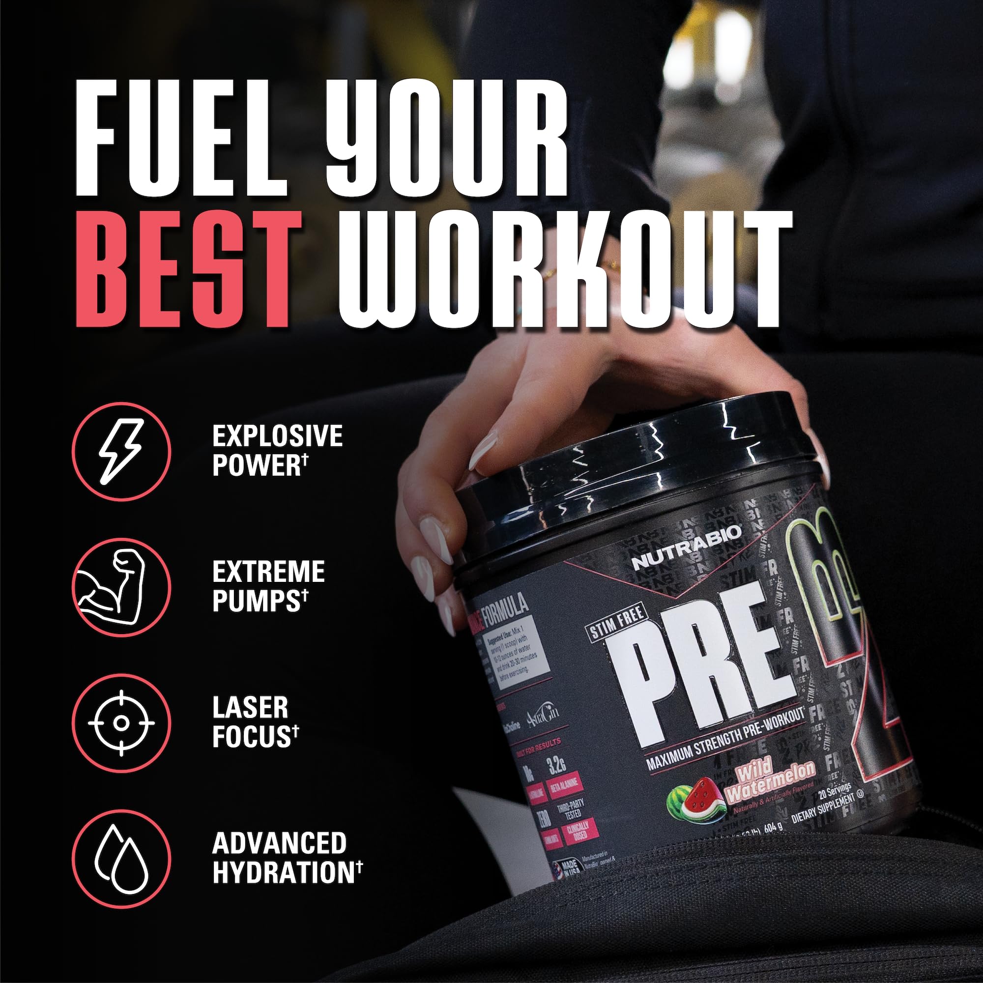NutraBio STIM-Free PRE Scoop shows precise dosing for pumps and endurance