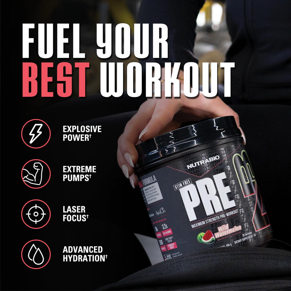 NutraBio STIM-Free PRE Scoop shows precise dosing for pumps and endurance