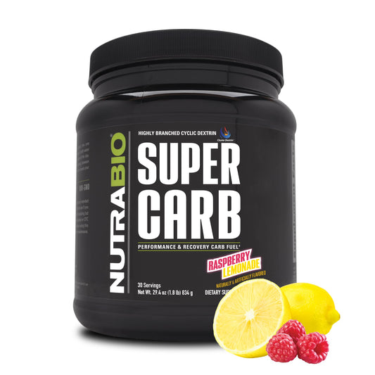 NutraBio Super Carb bottle front with clear labeling for informed fueling