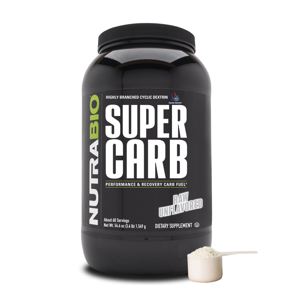 NutraBio Super Carb bottle pouring to fuel workouts with Cluster Dextrin.