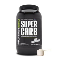 NutraBio Super Carb bottle pouring to fuel workouts with Cluster Dextrin.