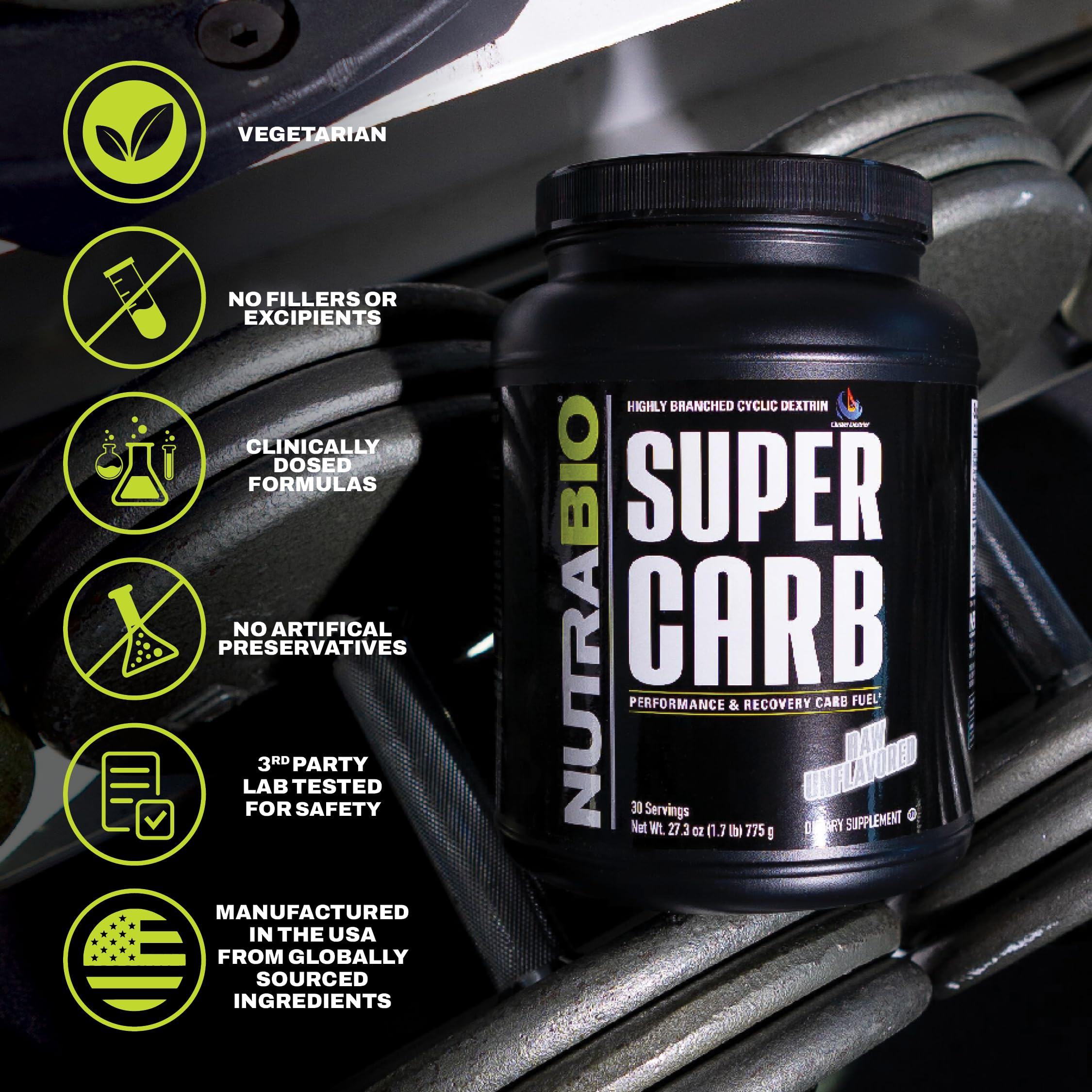 NutraBio Super Carb graphic shows electrolytes to help prevent cramps