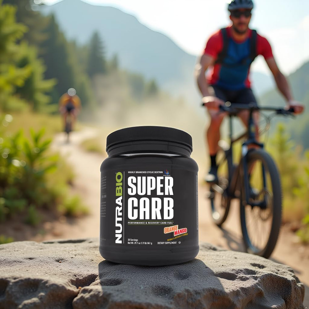 NutraBio Super Carb orange mango flavor close-up.