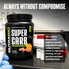 NutraBio Super Carb orange mango powder with scoop for quick mixing mid-workout.