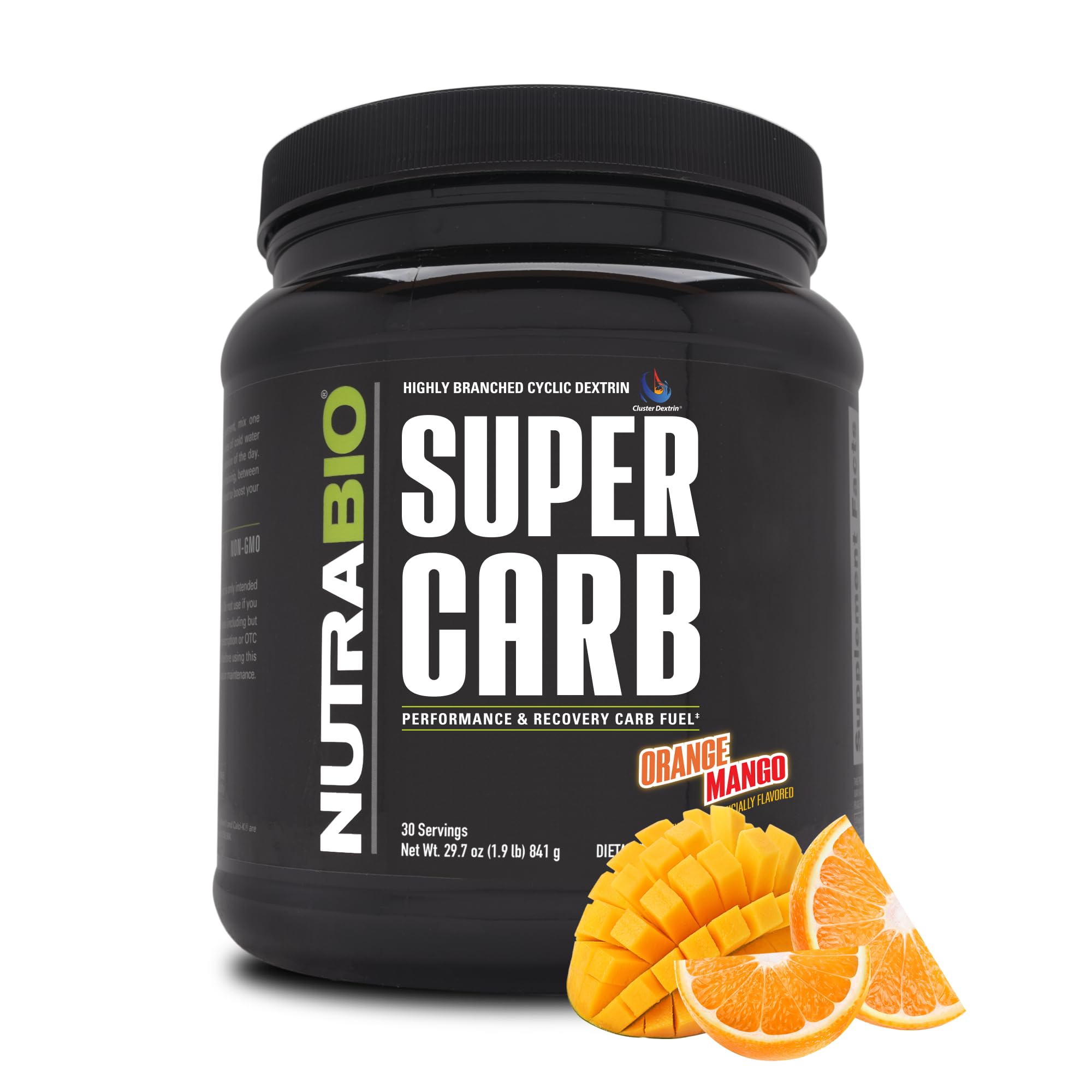 NutraBio Super Carb orange mango tub, flavor-rich powder for steady energy during workouts.
