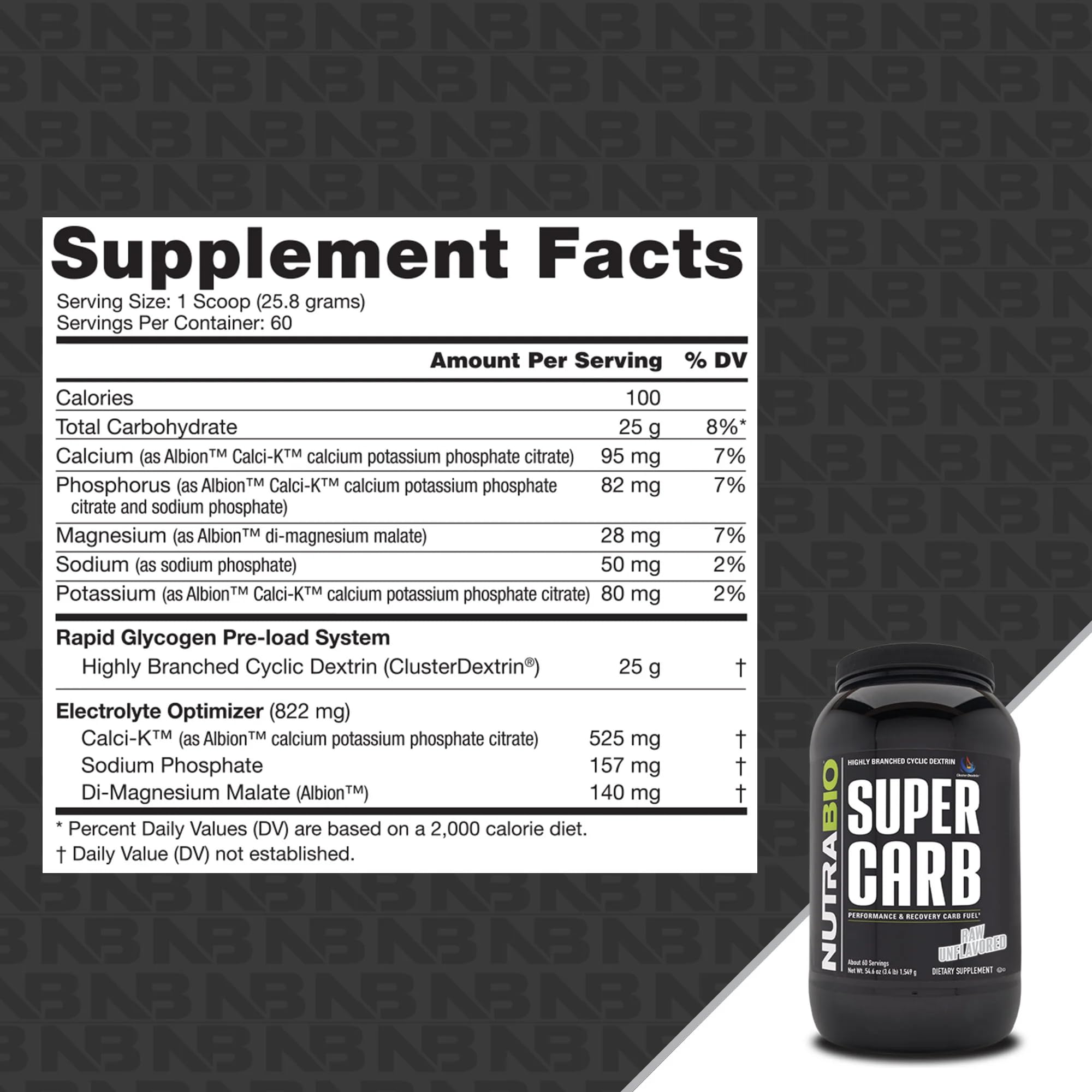 NutraBio Super Carb powder closeup shows fine unflavored carbohydrate powder.