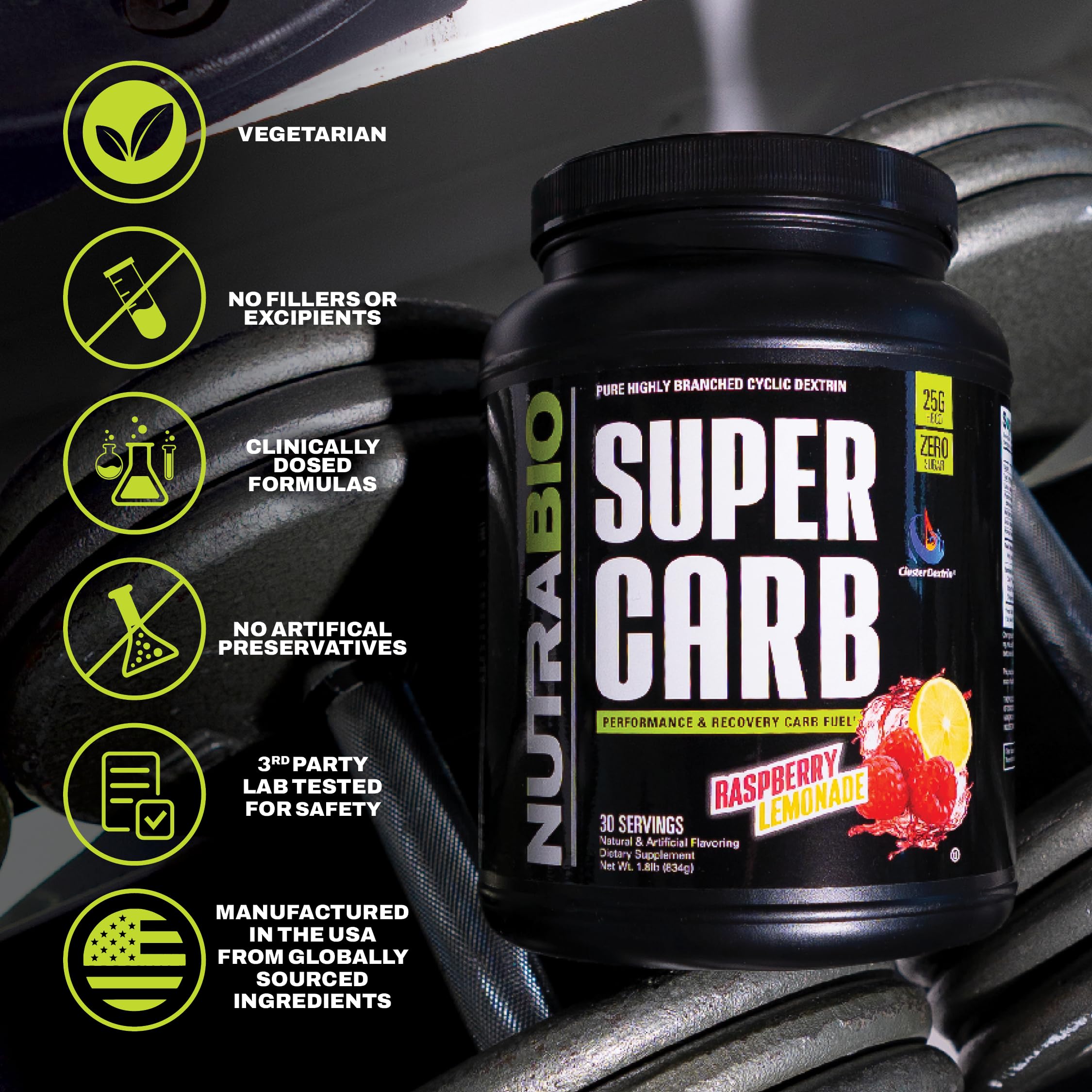 NutraBio Super Carb powder dissolving in water for quick, smooth mix