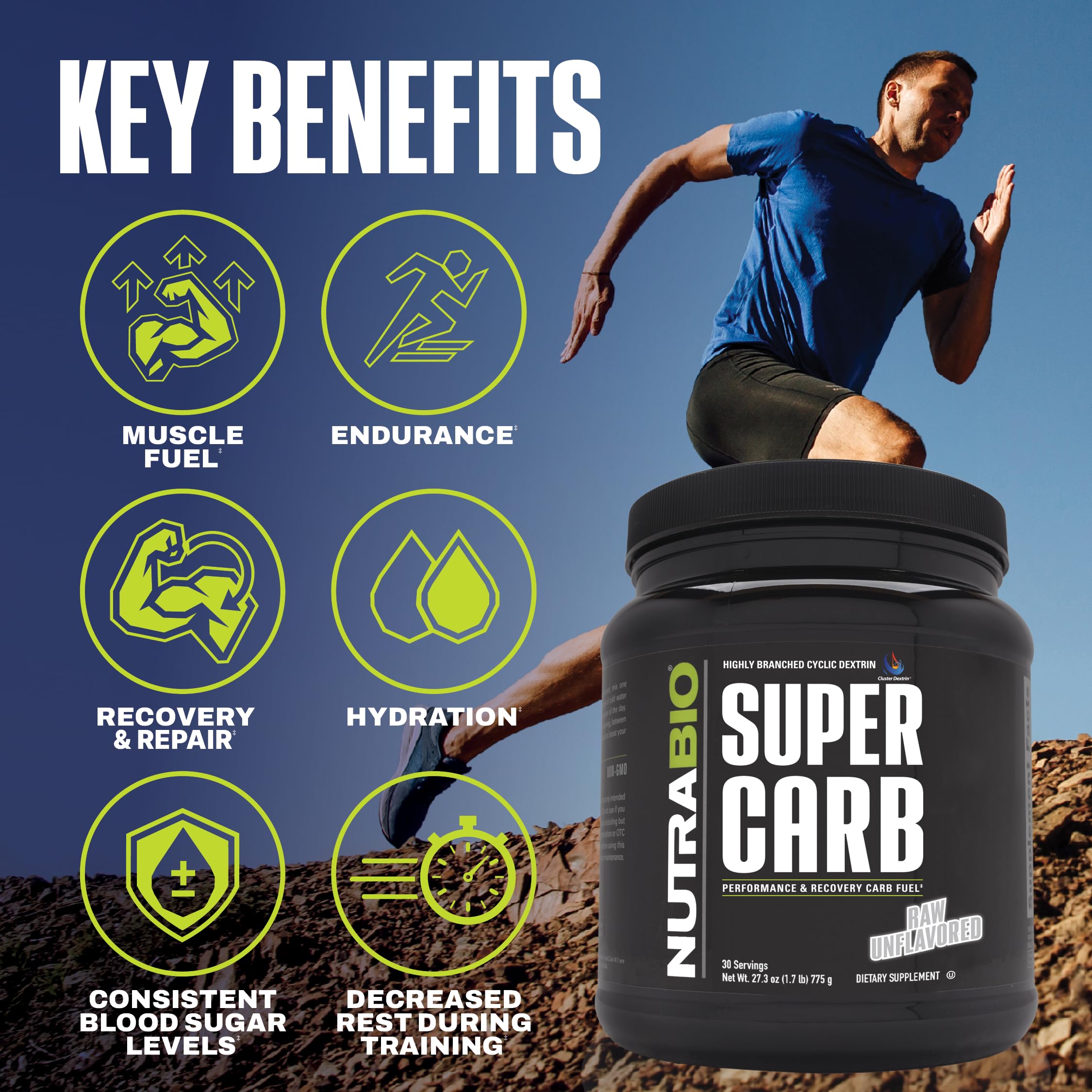 NutraBio Super Carb scoop pouring powder for a quick carb boost