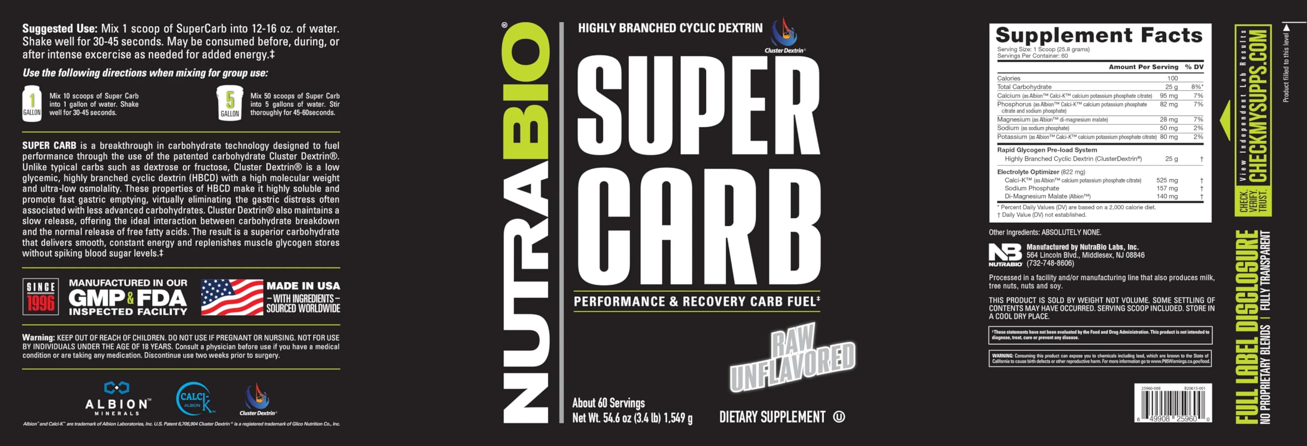 NutraBio Super Carb unflavored jar emphasizes versatile use.