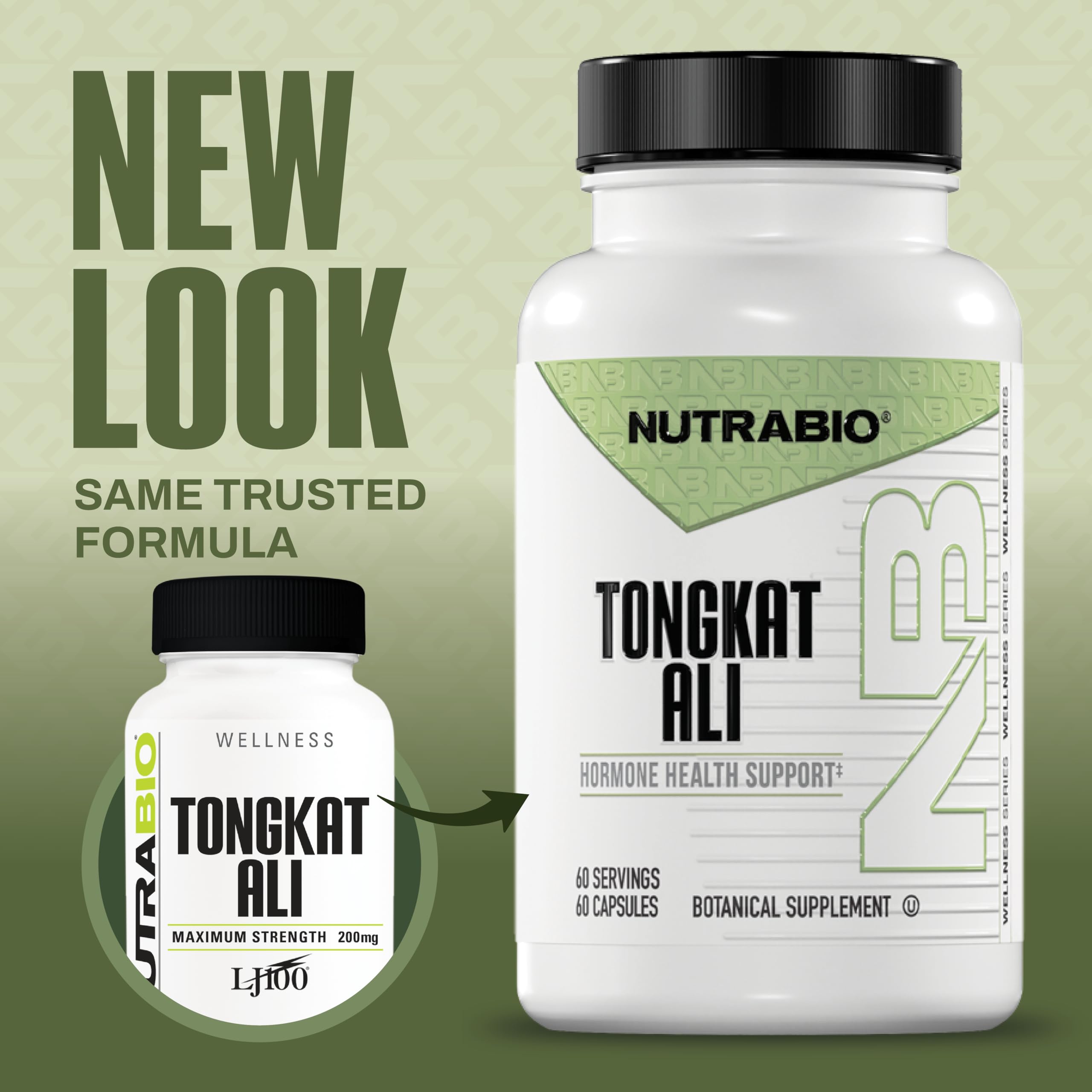 NutraBio Longjack LJ100 capsules close-up highlighting 200 mg per serving.