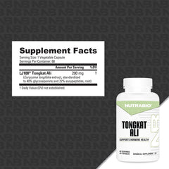 NutraBio Tongkat Ali longjack packaging label emphasizes purity and quality.