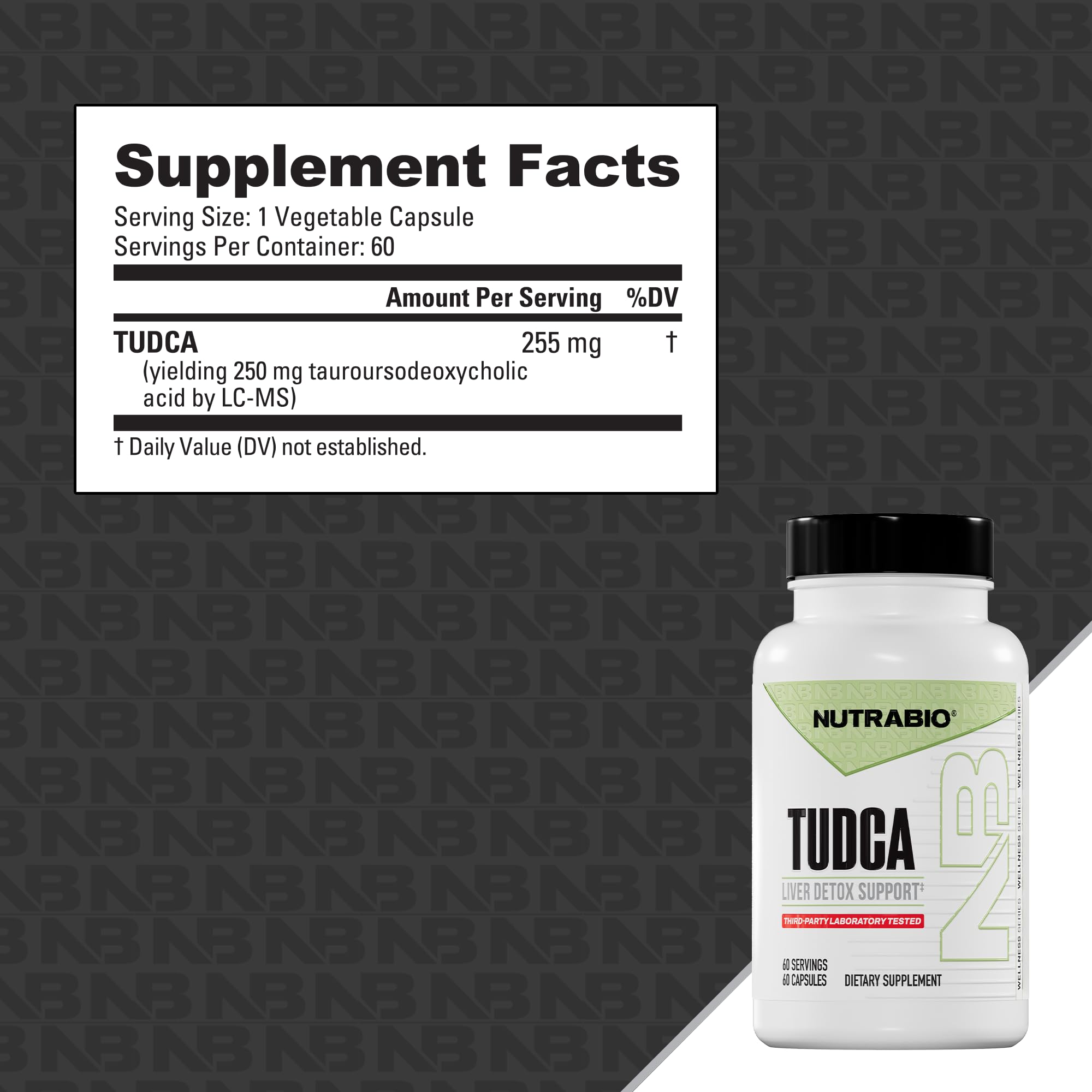 Close-up of NutraBio Tudca bottle label highlighting transparency