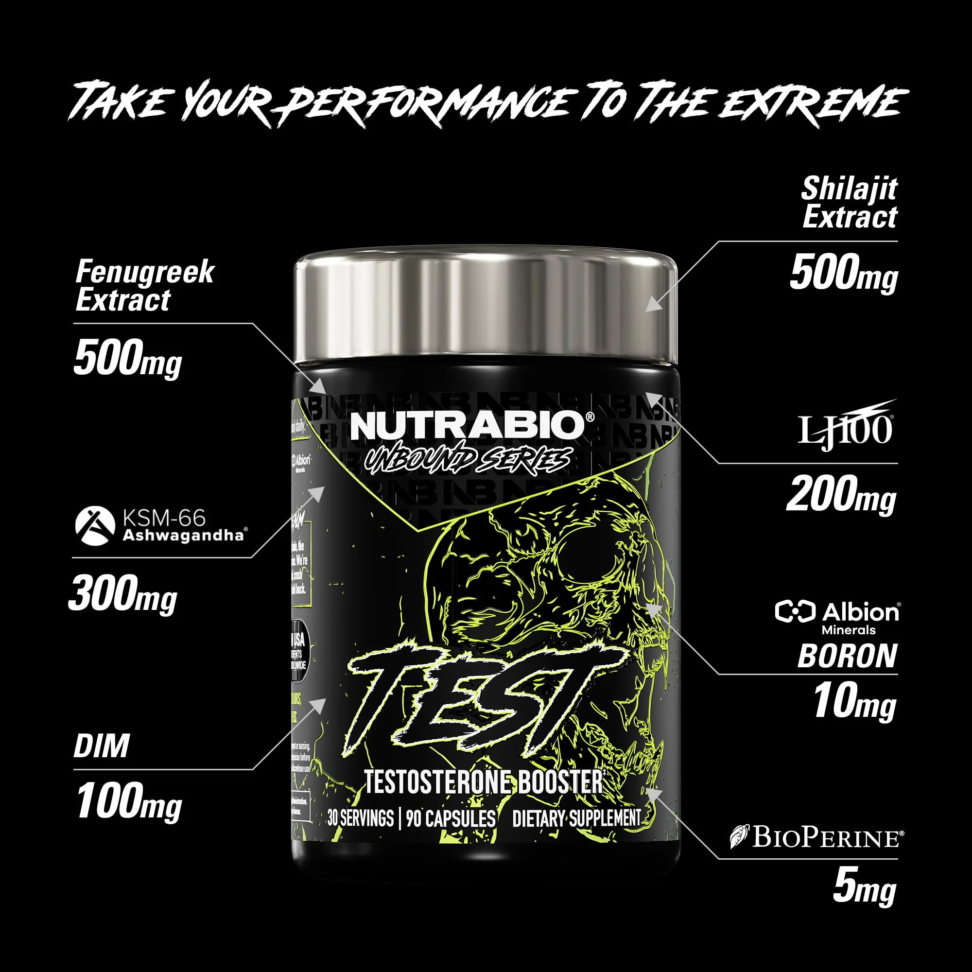 NutraBio Unbound Test back label highlighting dosage guidance and testing.