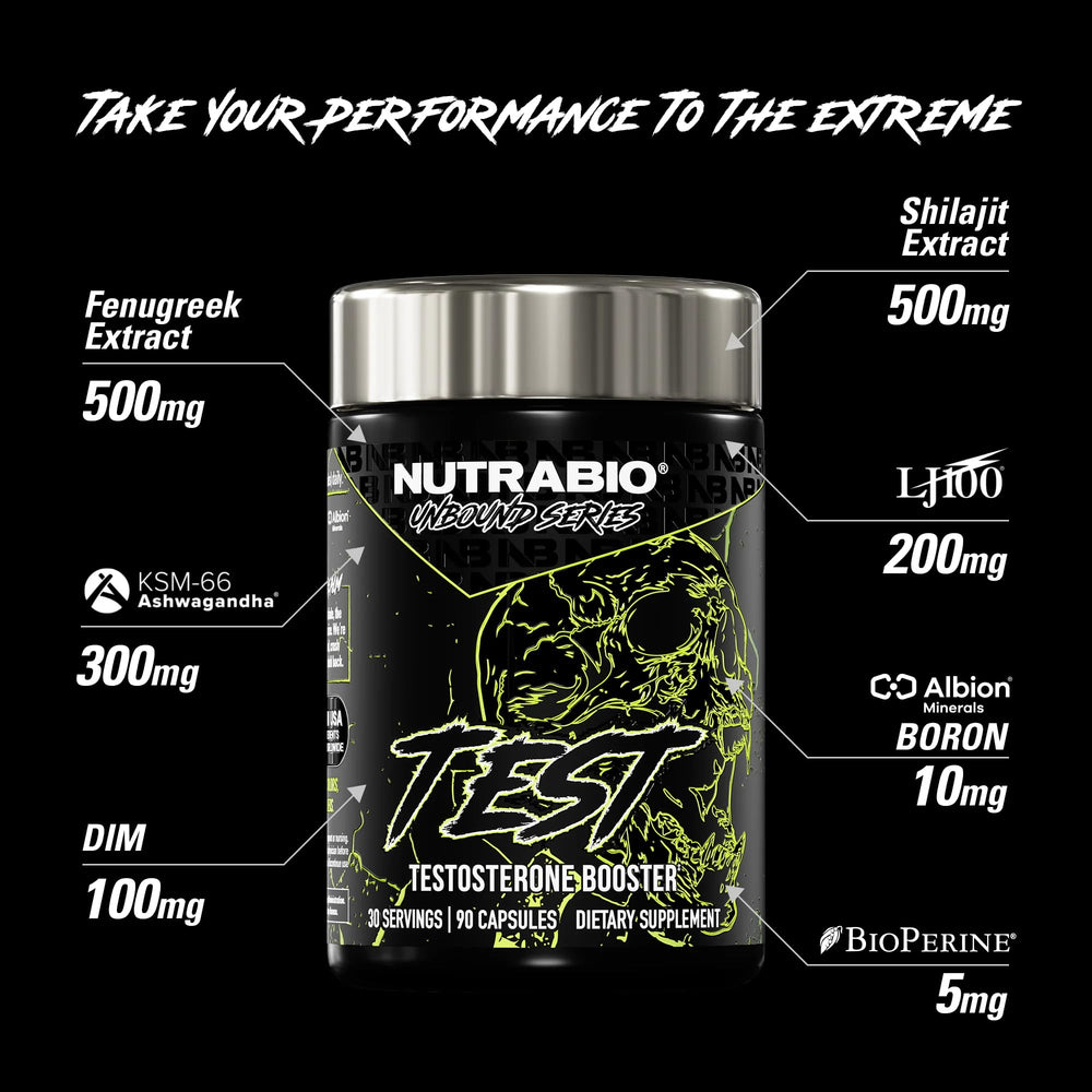 NutraBio Unbound Test back label highlighting dosage guidance and testing.