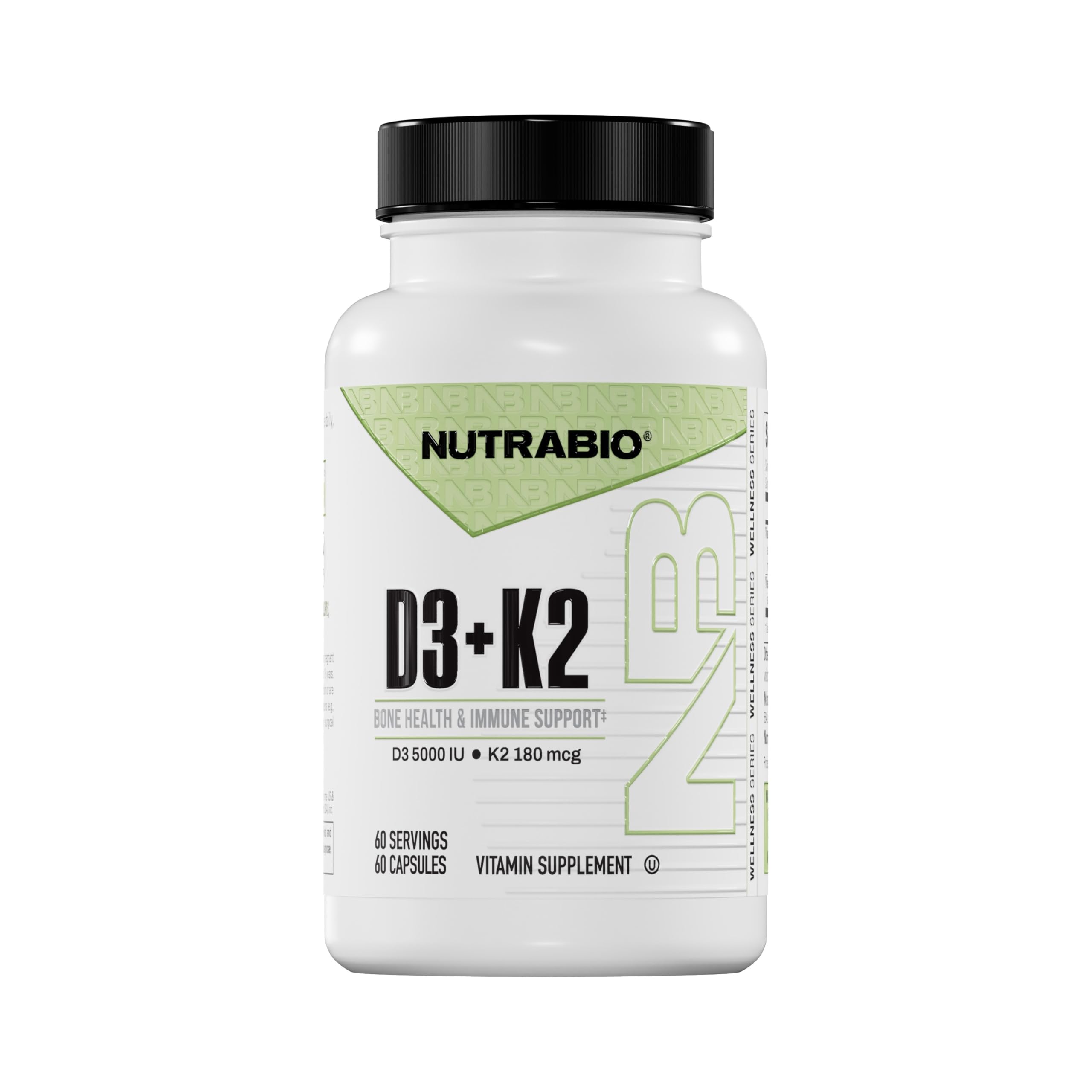 NutraBio D3 K2 bottle label shows 5,000 IU D3 and 180 mcg K2.