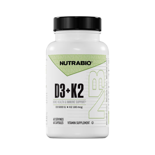 NutraBio D3 K2 bottle label shows 5,000 IU D3 and 180 mcg K2.