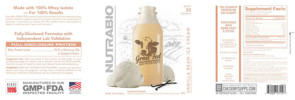 NutraBio whey isolate nutrition panel displays 25 g protein, zero sugar, low carbs.