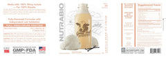 NutraBio whey isolate nutrition panel displays 25 g protein, zero sugar, low carbs.