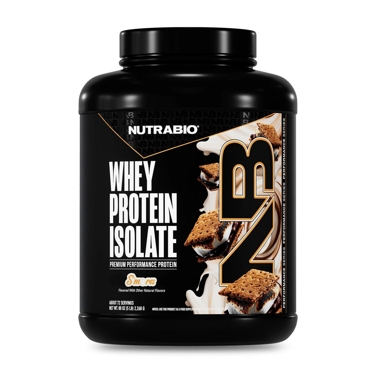 NutraBio 100% Whey Protein Isolate S'Mores bottle front for post-workout flavor